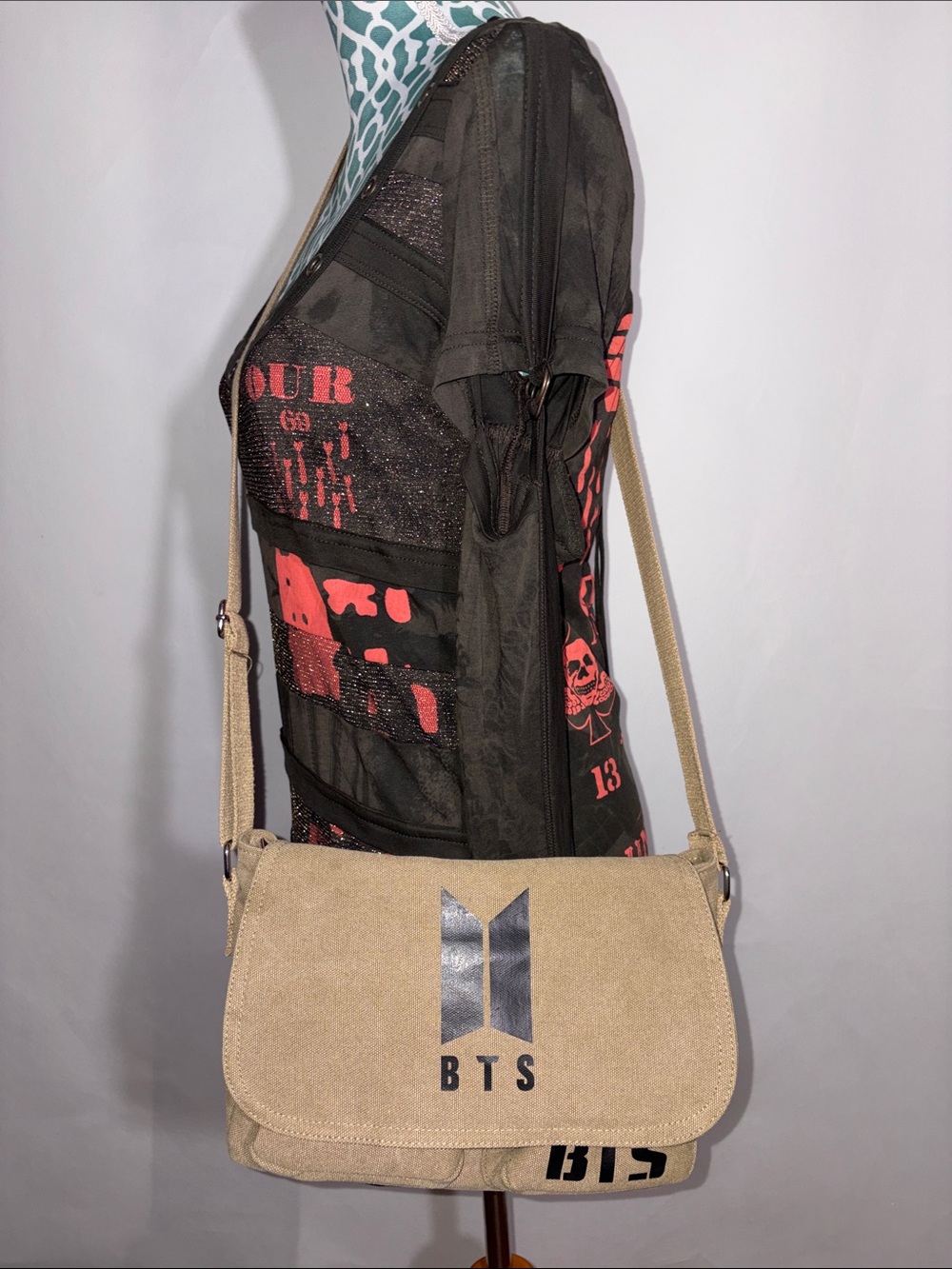 BTS Small Khaki Canvas Messenger Bag Purse
